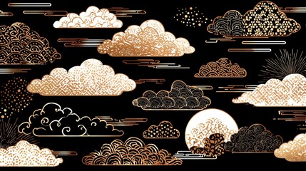 An intricate pattern of stylized clouds and celestial elements adorns a dark background, evoking a sense of serene beauty and traditional artistry, reminiscent of Japanese design.