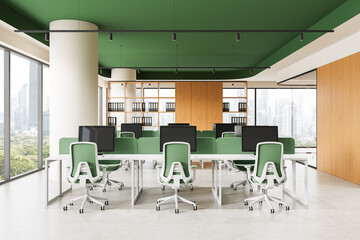 Modern open-plan office interior with green chairs and ceiling, panoramic windows, and organized workstations in contemporary architectural design. 3D Rendering
