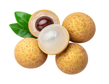 Ultra-detailed 8K PNG of whole longan fruits and halved pieces arranged in a clean fl 154800