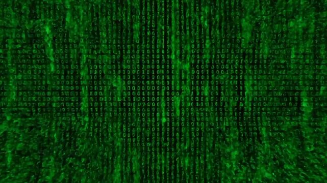 Digital Code Matrix: An immersive display of binary code cascading downwards, symbolizing the essence of technological innovation and the complex world of data.