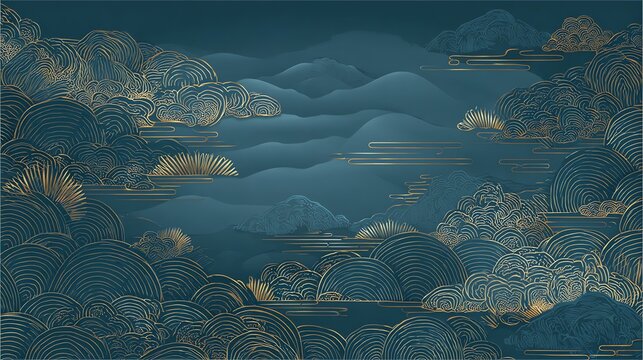 An abstract landscape evokes a sense of tranquility, featuring layered, stylized hills and swirling cloud formations rendered in a rich teal palette with delicate gold linework, creating a serene and