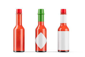 Three hot sauce bottle mockups with blank white labels and red or green caps on white background for branding and packaging design concept. 3D Rendering
