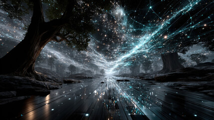 A neural network visualized as a tree of glowing nodes and connections spreading into infinity