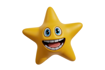A cheerful, yellow star-shaped emoticon with a wide, joyful grin and bright blue eyes. background removed
