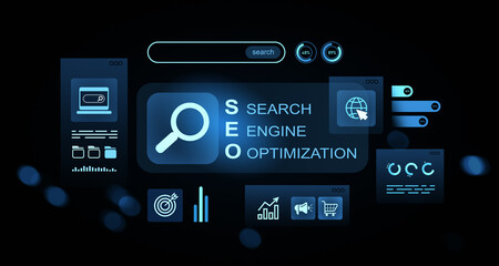 Fototapeta premium SEO search engine optimization concept with digital interface icons and graphs on futuristic glowing screen in dark background. 3D Rendering