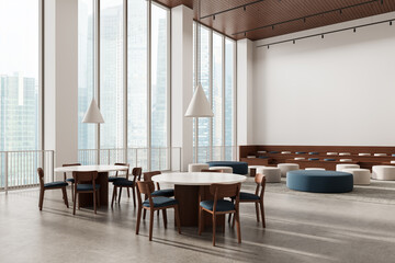 Modern open interior lounge with round tables, wooden chairs, and panoramic city view through tall glass windows in a minimalist architectural setting. 3D Rendering