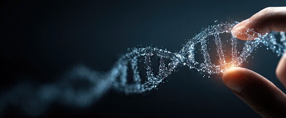 Futuristic DNA helix held by a human finger in digital science concept.