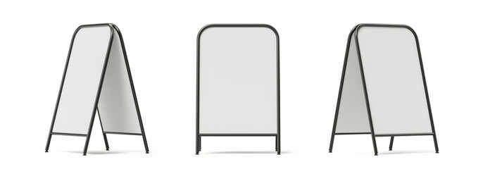 Realistic mockup of blank sandwich board signs in three different angles on white background, concept for outdoor advertising or street signage design. 3D Rendering