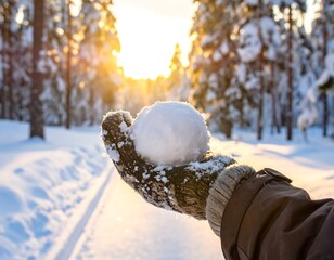 Winter wonderland snowball held in gloved hand