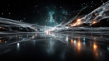 A neural network visualized as an endless web of glowing nodes and connections in deep space