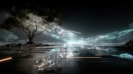A neural network visualized as a tree of glowing nodes and connections spreading into infinity