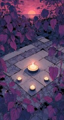 Serene sunset scene; a central candle flanked by three smaller ones on a stone path, framed by deep purple leaves
