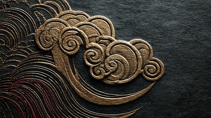 An intricately embossed design resembling stylized waves and clouds, rendered in a metallic gold tone against a dark, textured background, evoking a sense of timeless artistry.
