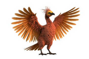 A fiery orange phoenix with large wings,  spread wide,  stands against a transparent background. background removed