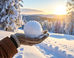 Winter wonderland snowball held in gloved hand