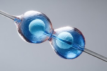 Abstract scientific visualization of two translucent blue cells connected by a central filament.