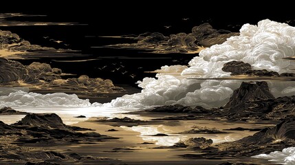 A dramatic landscape depicts a dark, swirling sky over a body of water, rendered in a detailed, illustrative style evoking a sense of awe and the power of nature's elements.