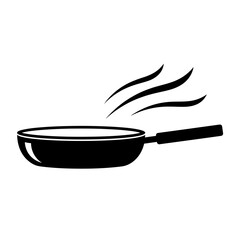 Black silhouette icon of a hot frying pan with steam rising, kitchen cooking utensil symbol