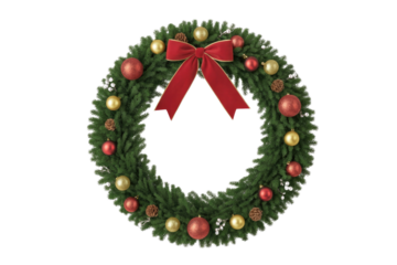 Festive Christmas wreath adorned with red and gold ornaments, pine cones, and a large red bow. background removed