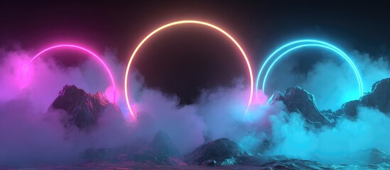 Three neon circles illuminate a misty mountain range at night, creating a vibrant, surreal landscape