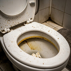 Urgent need for deep cleaning of a severely dirty and neglected toilet bowl showing grime and hair