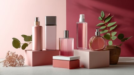 Cosmetic bottles with pink background styled floral decorative props