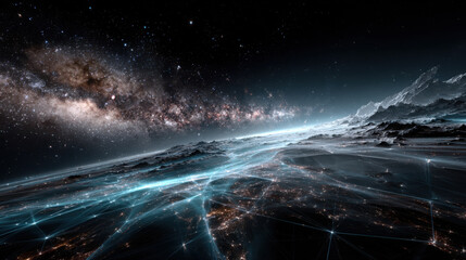 A neural network visualized as an endless web of glowing nodes and connections in deep space