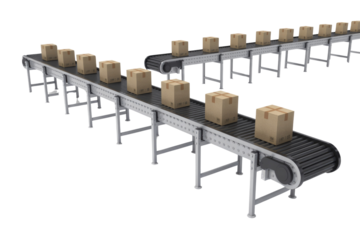 Two conveyor belts carrying cardboard boxes, showcasing efficient automated package handling and logistics. background removed