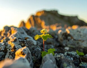 Small flower growing amidst rocks at sunset