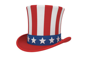 A red, white, and blue Uncle Sam top hat with stars, perfect for patriotic celebrations. background removed