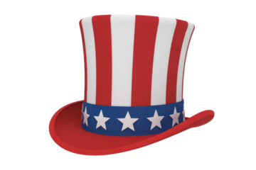 A red, white, and blue Uncle Sam top hat with stars, perfect for patriotic celebrations. background removed