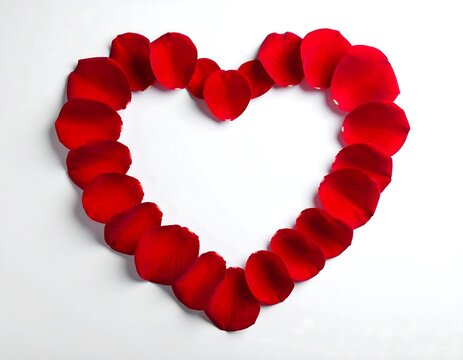 Red rose petals arranged in a heart shape on a white background