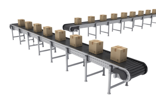 Two conveyor belts carrying cardboard boxes, showcasing efficient automated package handling and logistics. background removed