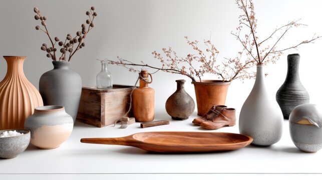 Ceramic pottery vases with dried plants styled natural artistic background