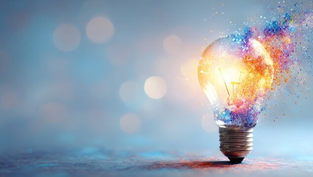 Exploding light bulb with colorful particles symbolizing creative idea and innovation.