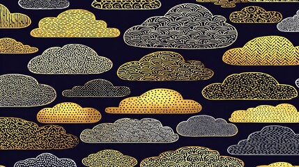 An intricate pattern of stylized clouds in gold, silver, and black fills the frame, evoking a dreamy and atmospheric quality, creating a sense of calm and wonder.