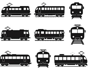 Silhouette illustrations of various train types, side and front views, presented on a plain white background.