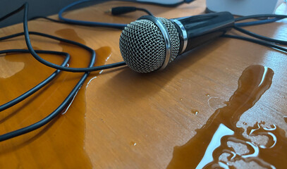Coffee spill on an office table after an accident created a stain and mess from the spilt drink