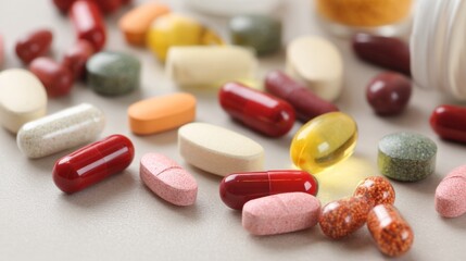 Colorful capsules and tablets pharmaceutical medicine healthcare background composition