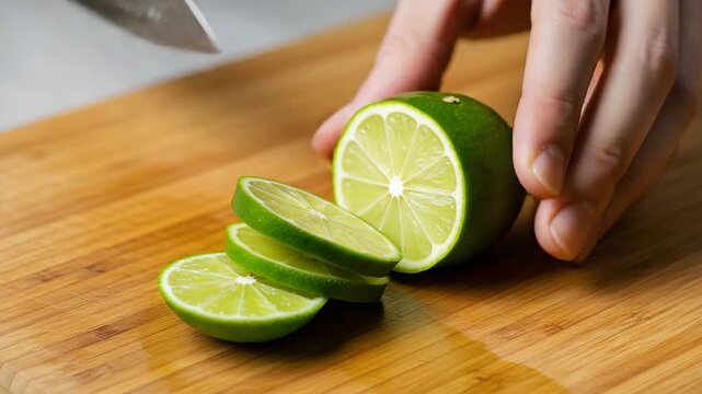 Slicing fresh limes on wooden cutting board