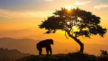 Obraz premium A silhouetted chimpanzee stands on a mountaintop at sunset, framed by a majestic tree.