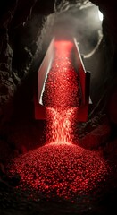 Molten material flows down a conveyor belt in a dark industrial setting.