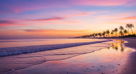 Serene tropical beach at sunset with vibrant sky, gentle waves, and palm trees reflecting.