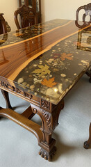 Stunning live edge dining table with embedded natural elements and ornate wooden base