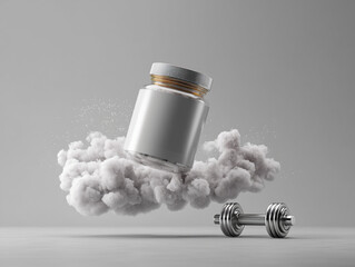 Mockup design featuring a floating supplement jar above a cloud with a dumbbell in a gym setting