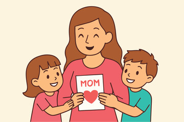 Happy mom receiving handmade card from kids,