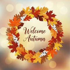 Vibrant autumn wreath with 'Welcome Autumn' text invites seasonal warmth and cozy feelings