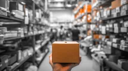 Obraz premium Hand holding package warehouse logistics storage retail commerce product composition