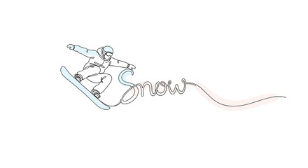 Snow word with snowboarder illustration, energetic mood, minimalist design 