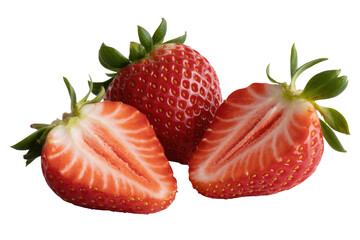 Three juicy strawberries, one whole and two halved, showcasing their vibrant red color and seeds. background removed